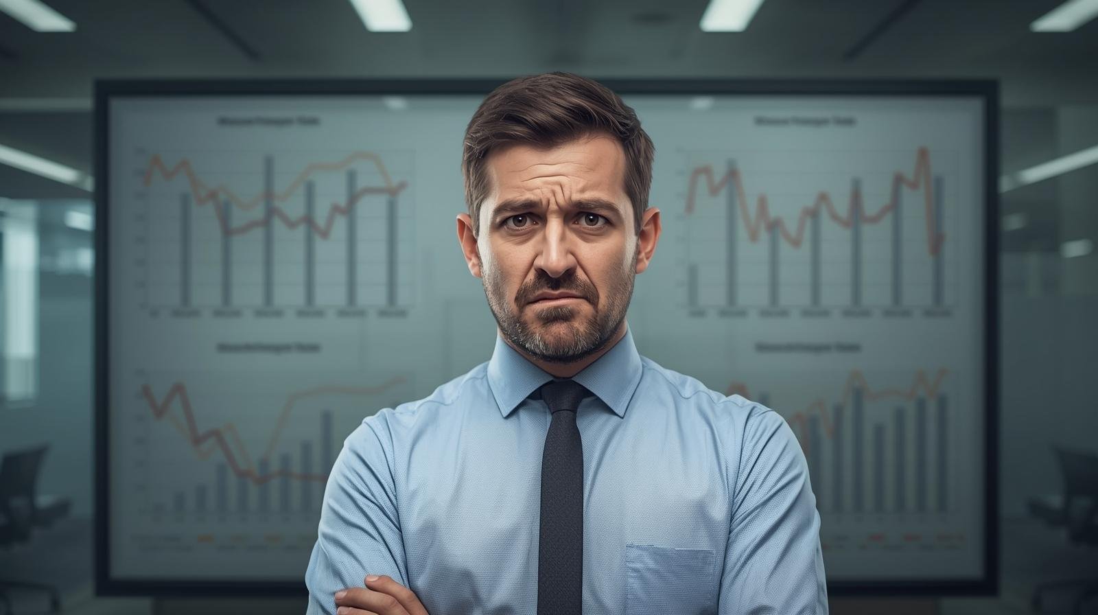 gerente de pyme frustrado frente a gráficos vacíos que no permiten tomar decisiones basadas en datos