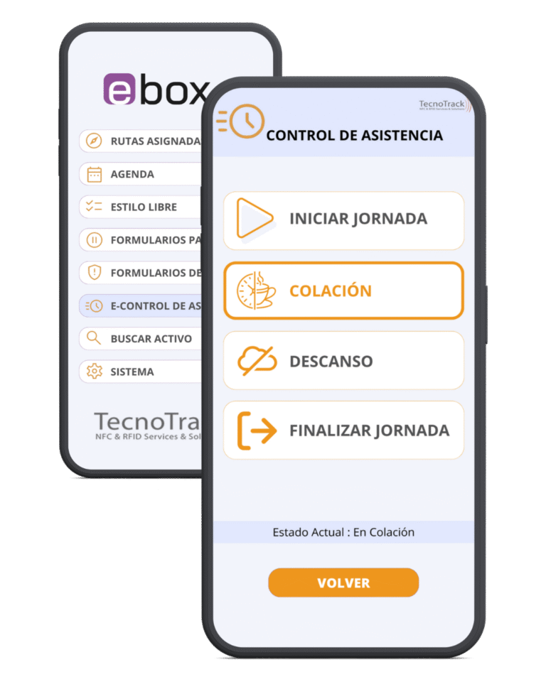 Captura de la app eBox mostrando el menú principal junto a la pantalla de Control de Asistencia. La pantalla de asistencia tiene botones para Iniciar Jornada, Colación, Descanso y Finalizar Jornada.