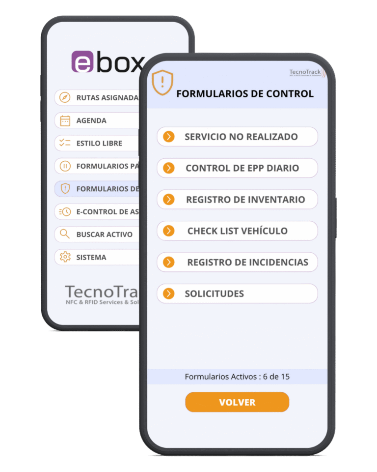 Interfaz de la aplicación eBox que muestra el menú principal y el módulo de Formularios de Control. La lista de formularios incluye Registro de Inventario, Check List Vehículo y Registro de Incidencias.