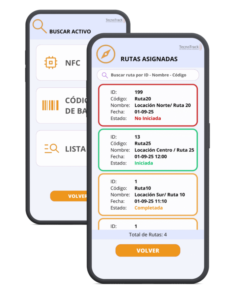 Vista doble de la aplicación eBox. La pantalla izquierda muestra la función de Buscar Activo (NFC, Código de Barras y Lista) y la derecha muestra la lista de Rutas Asignadas con su estado (No Iniciada, Iniciada, Completada).