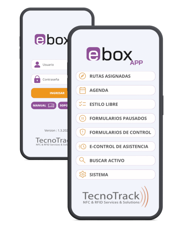Pantalla de inicio de la aplicación eBox para login y menú principal. Muestra opciones como Rutas Asignadas, Formularios de Control y E-Control de Asistencia.