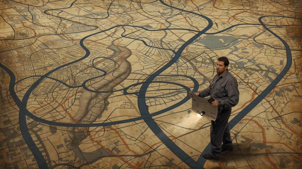 mapa con rutas confusas que representa la falta de optimización de rutas de técnicos