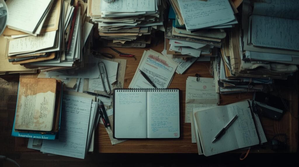 escritorio lleno de papeles que ilustra el caos de la gestión manual en mantenimiento de ascensores