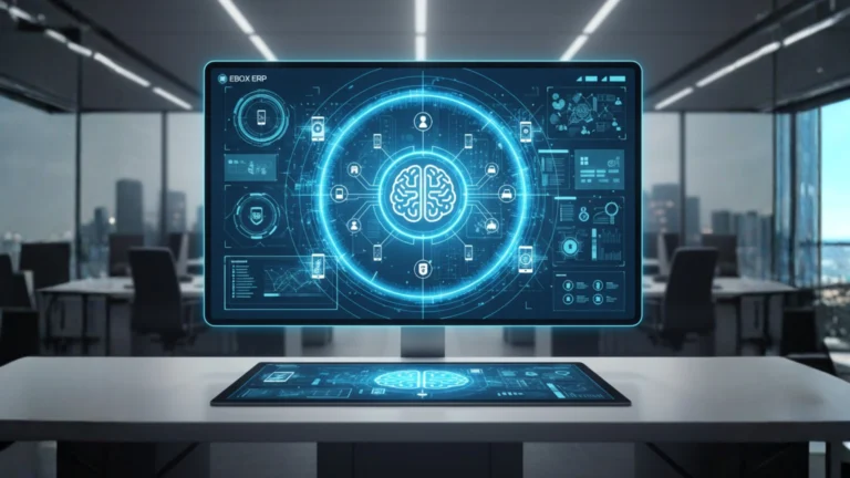 Cerebro orgánico dentro de un círculo digital brillante, simbolizando el control estratégico en seguridad privada con EBOX ERP.