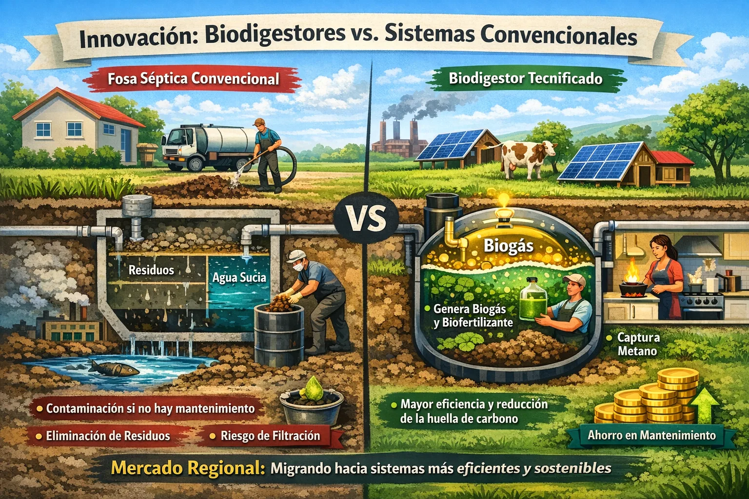 Comparativa detallada entre fosa séptica convencional y biodigestor tecnificado, resaltando la generación de biogás, biofertilizante y la reducción de la huella de carbono.