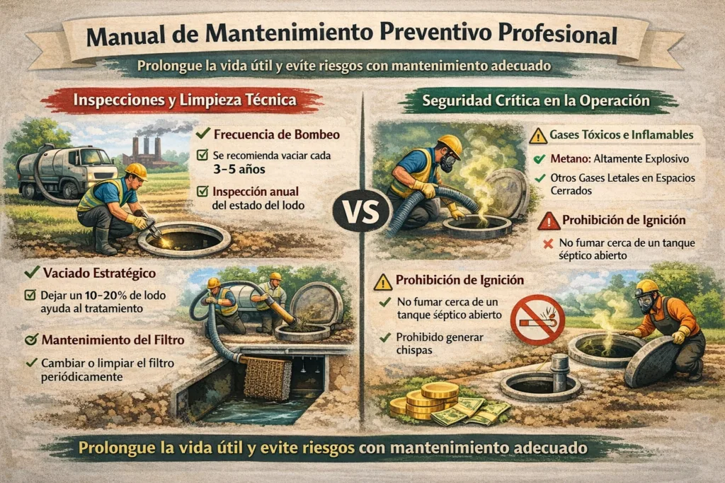 Guía Integral de Gestión de Residuos Líquidos y Servicios Sanitarios Portátiles Guía visual de mantenimiento de fosas sépticas que compara la limpieza técnica y frecuencia de bombeo frente a riesgos de seguridad como gases tóxicos e inflamables.